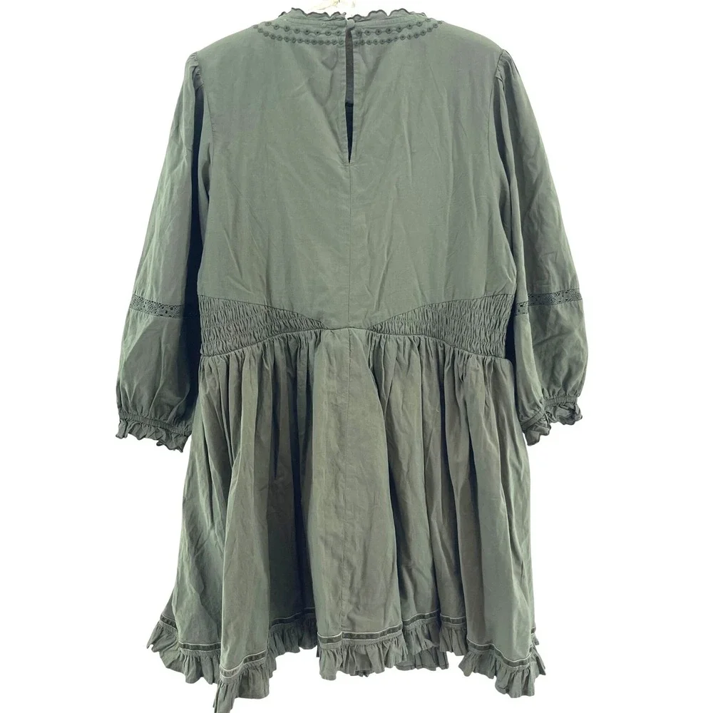 American Eagle Eyelet Embroidered Mini Dress Women M Green Cotton Ruffle Mori - Picture 10 of 15